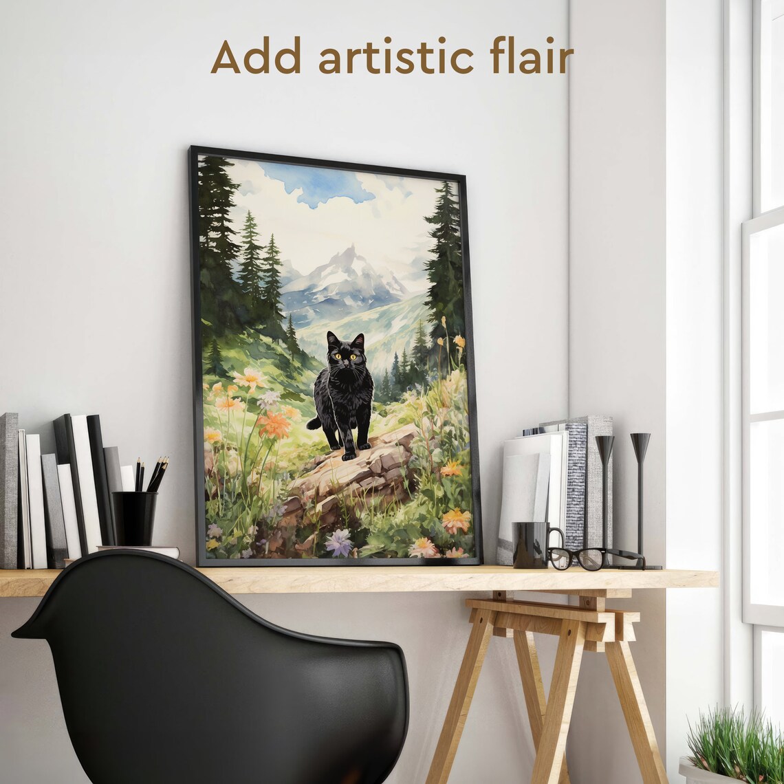Hiking Black Cat Watercolor Travel Poster, Retro Print - Image 2