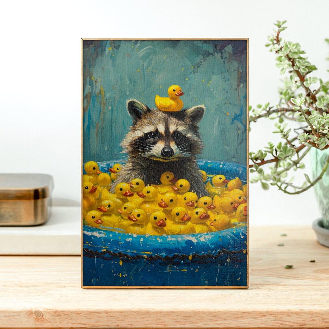 Raccoon Soaking in a Bathtub Full of Yellow Rubber Ducks Poster