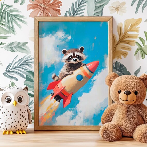 Cute Raccoon Riding a Classic Red Rocket Launching Through Bright Blue Clouds Poster