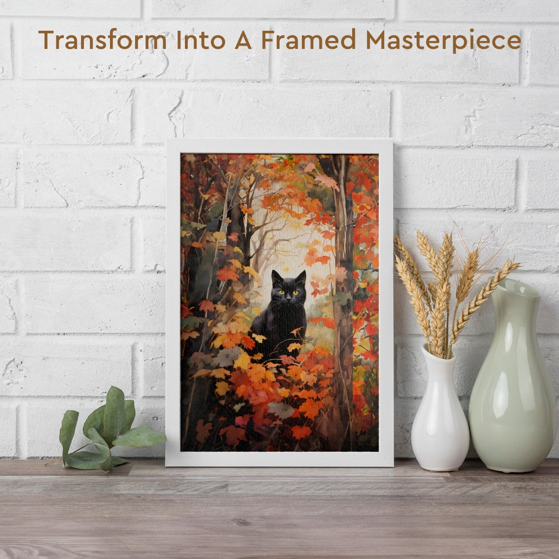 Black Cat Autumn Leaves Forest Fall Foliage Jigsaw Puzzle Art Poster - Image 2