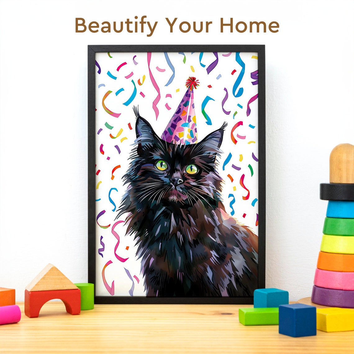 Fluffy Black Cat Wearing a Birthday Party Hat with Confetti Poster - Image 3