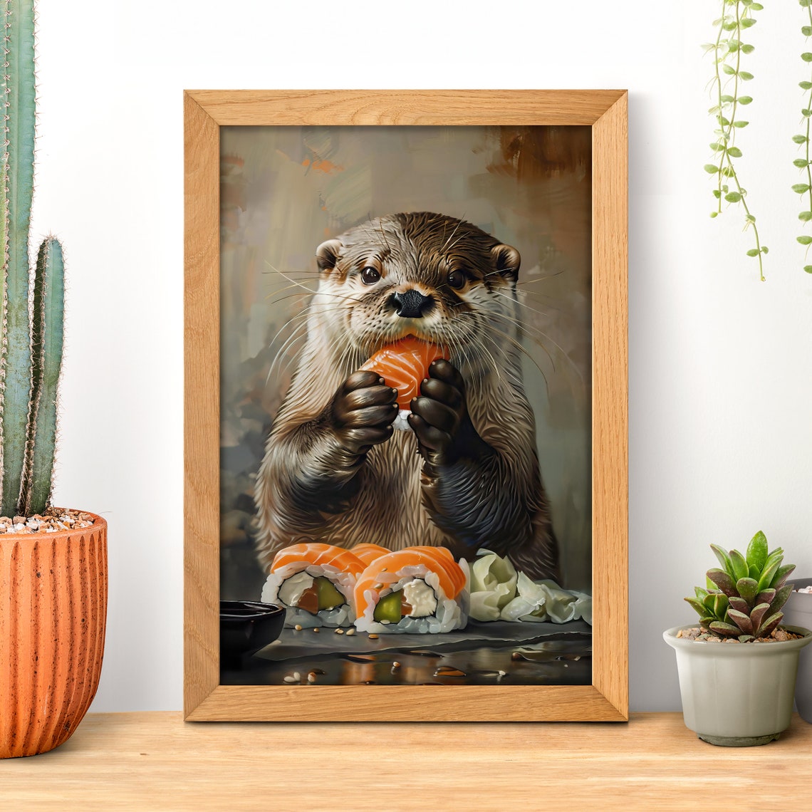 Japanese Sushi Lover Otter Poster Funny Sea Otter Portrait Wild Animals Wall Art Wildlife Nursery Japan Food Sushi Decor Oil Painting