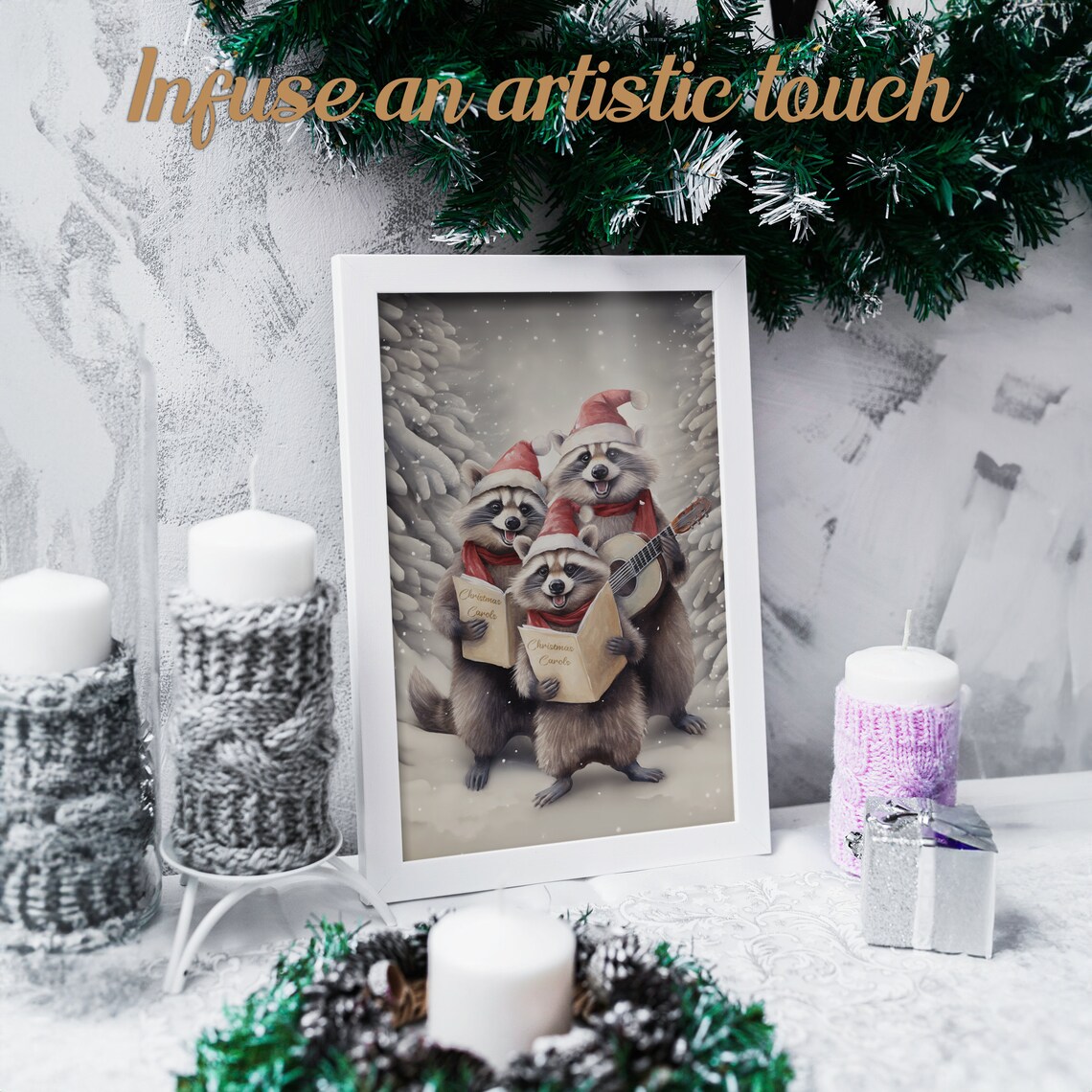 Christmas Raccoon Carolers Vintage Art Print - Image 2