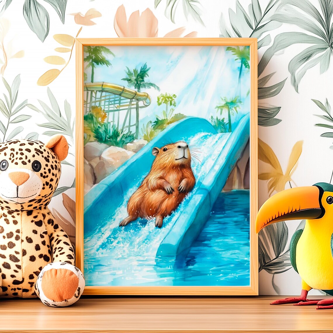 Water Park Sliding Capybara Funny Wildlife Nursery Art Print
