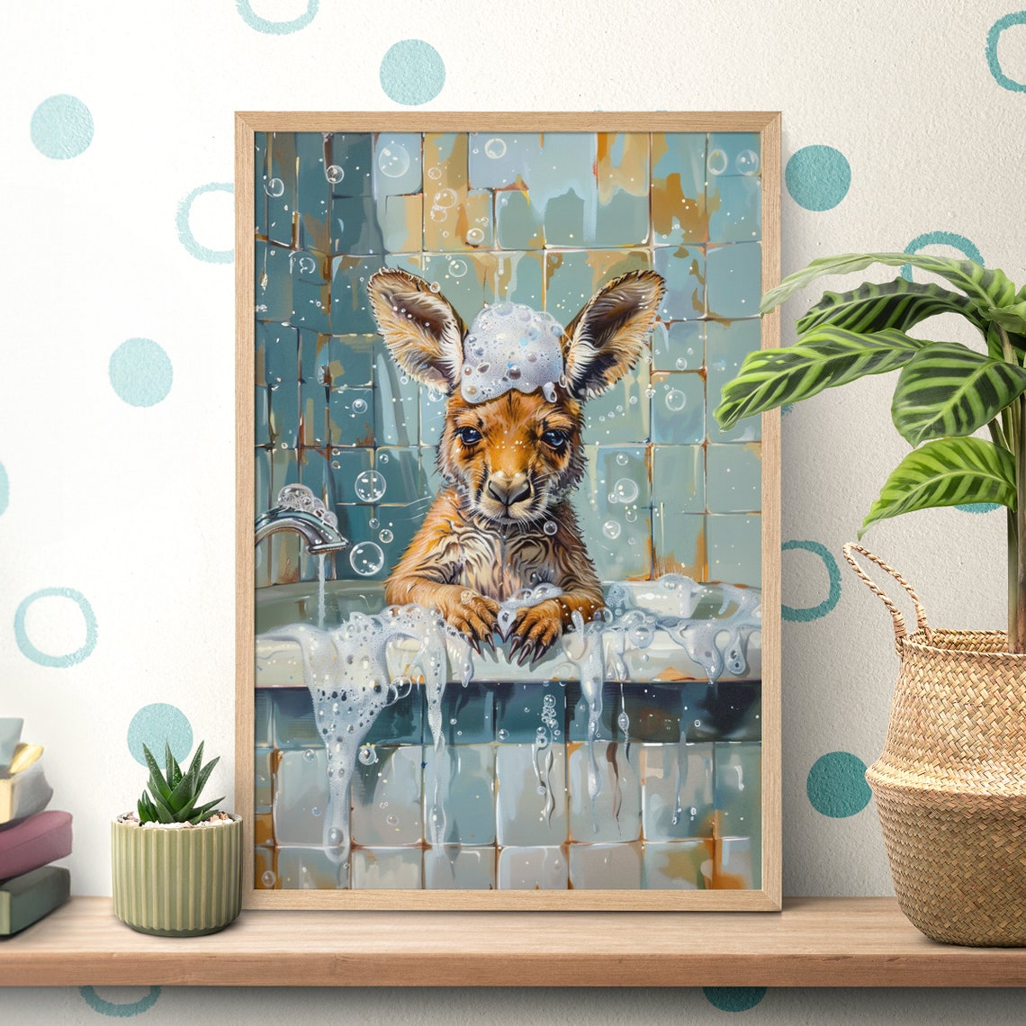Baby Kangaroo Bubble Bath in Blue Tiled Bathroom Cute Art Poster