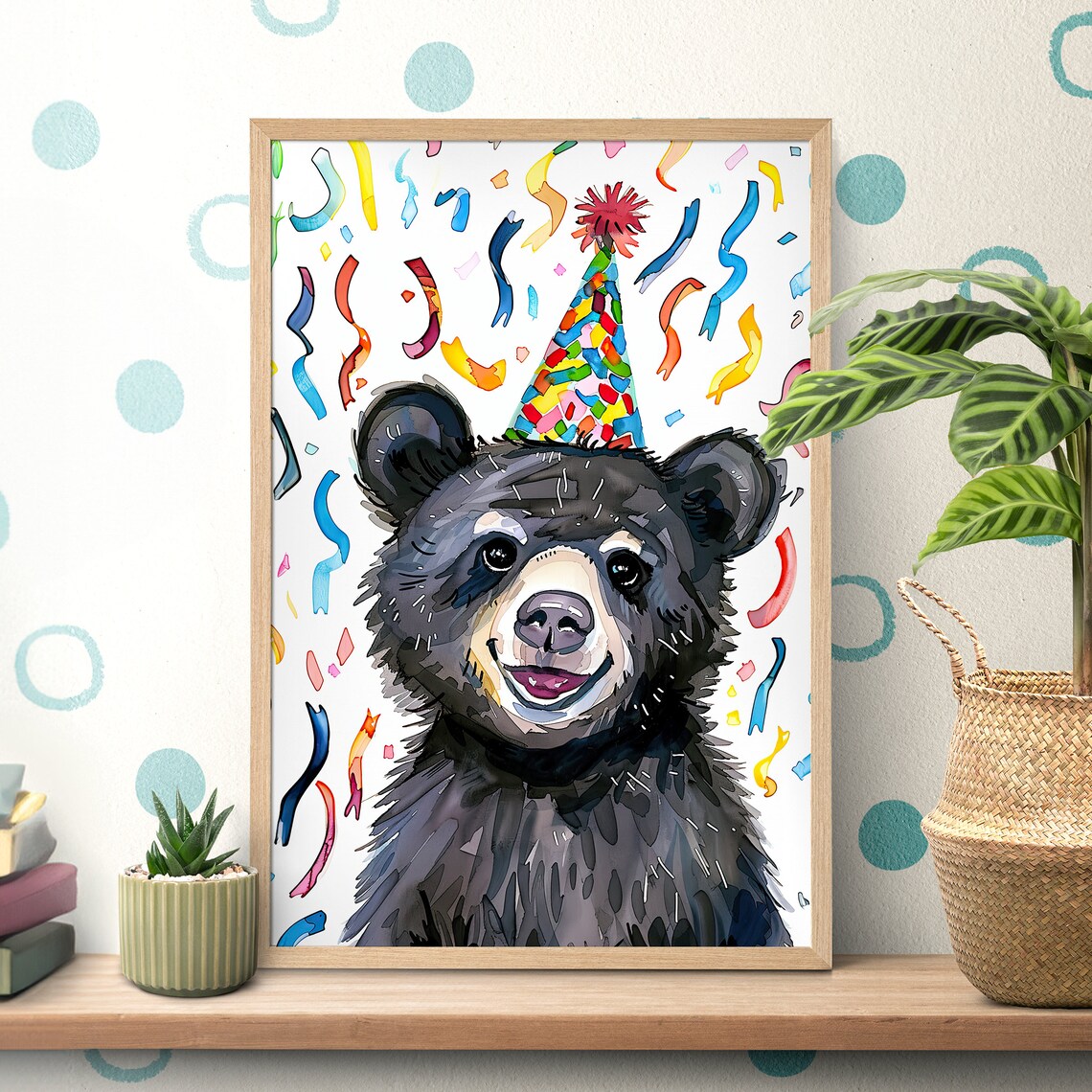 Black Bear Cub in Birthday Party Hat Confetti Watercolor Poster