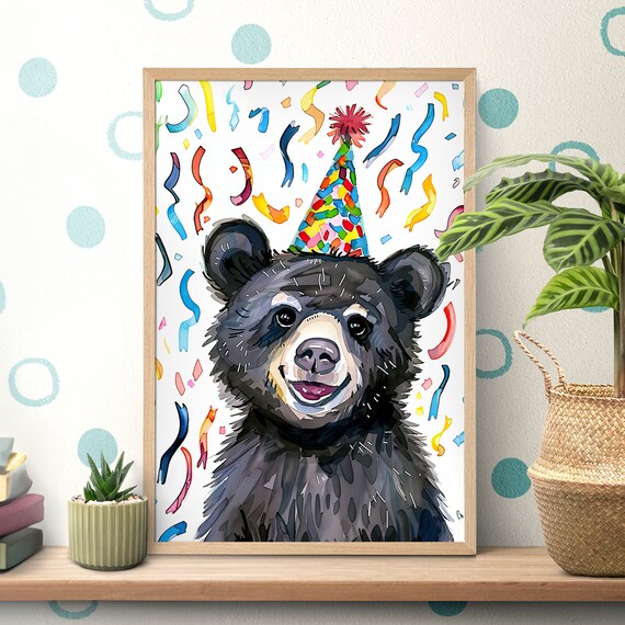 Black Bear Cub in Birthday Party Hat Confetti Watercolor Poster