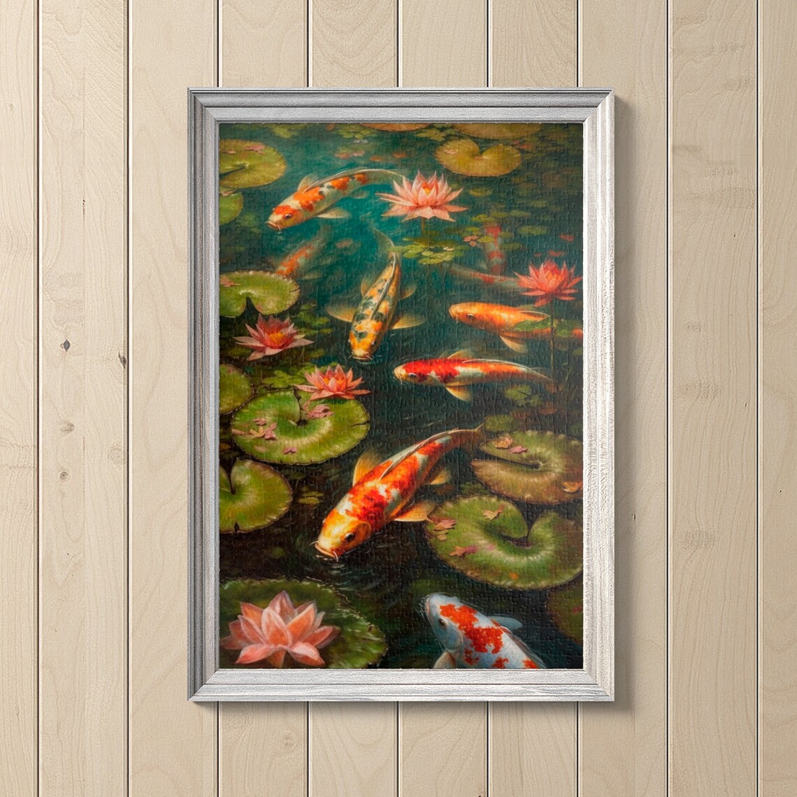 Colorful Koi Fish Swimming Among Pink Water Lilies Oil Art Poster