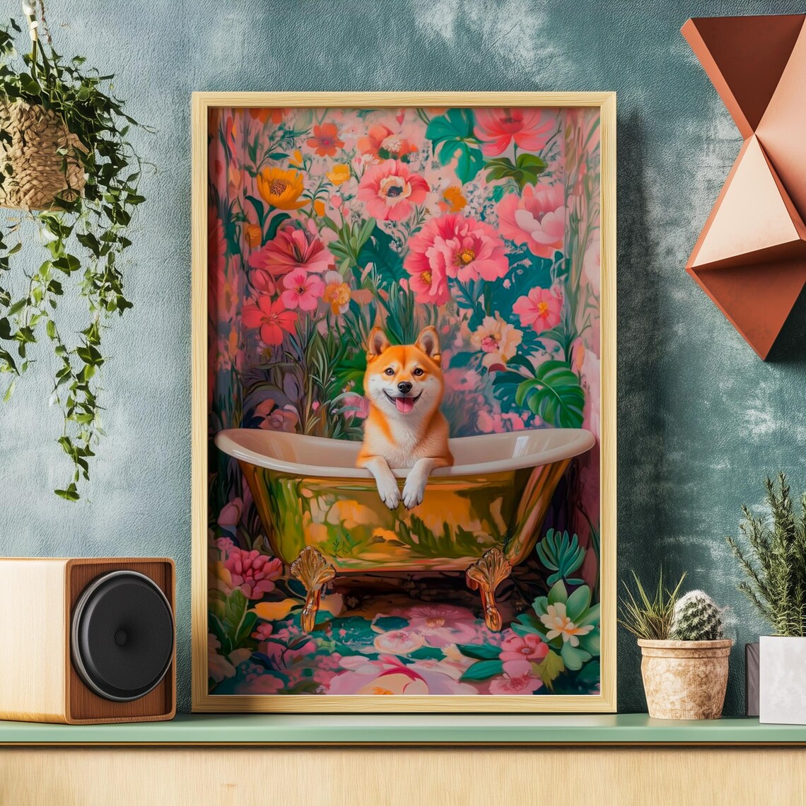 Smiling Shiba Inu Sitting in a Golden Bathtub Floral Garden Poster
