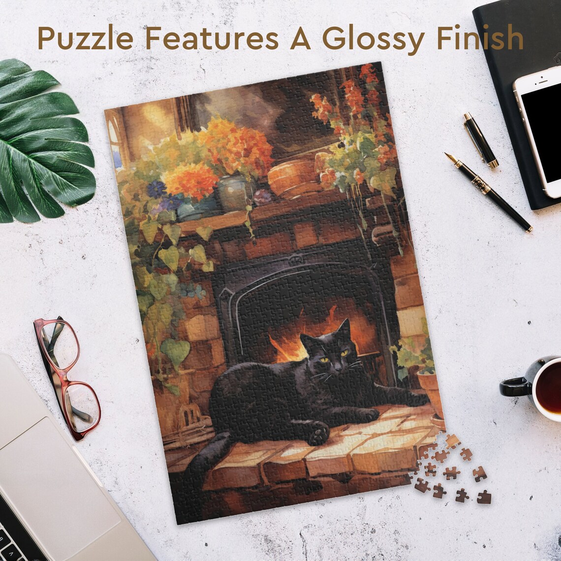 Black Cat Lounging by a Crackling Fireplace Under a Floral Mantel Poster - Image 3