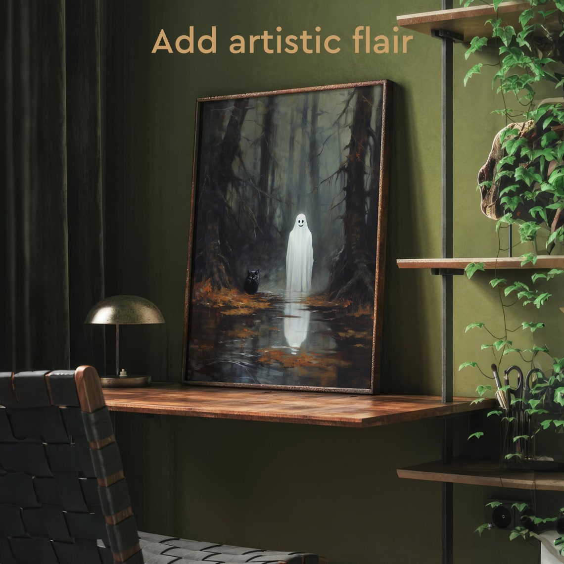 Smiling Ghost Black Cat Misty Autumn Forest Oil Painting Style Poster - Image 2