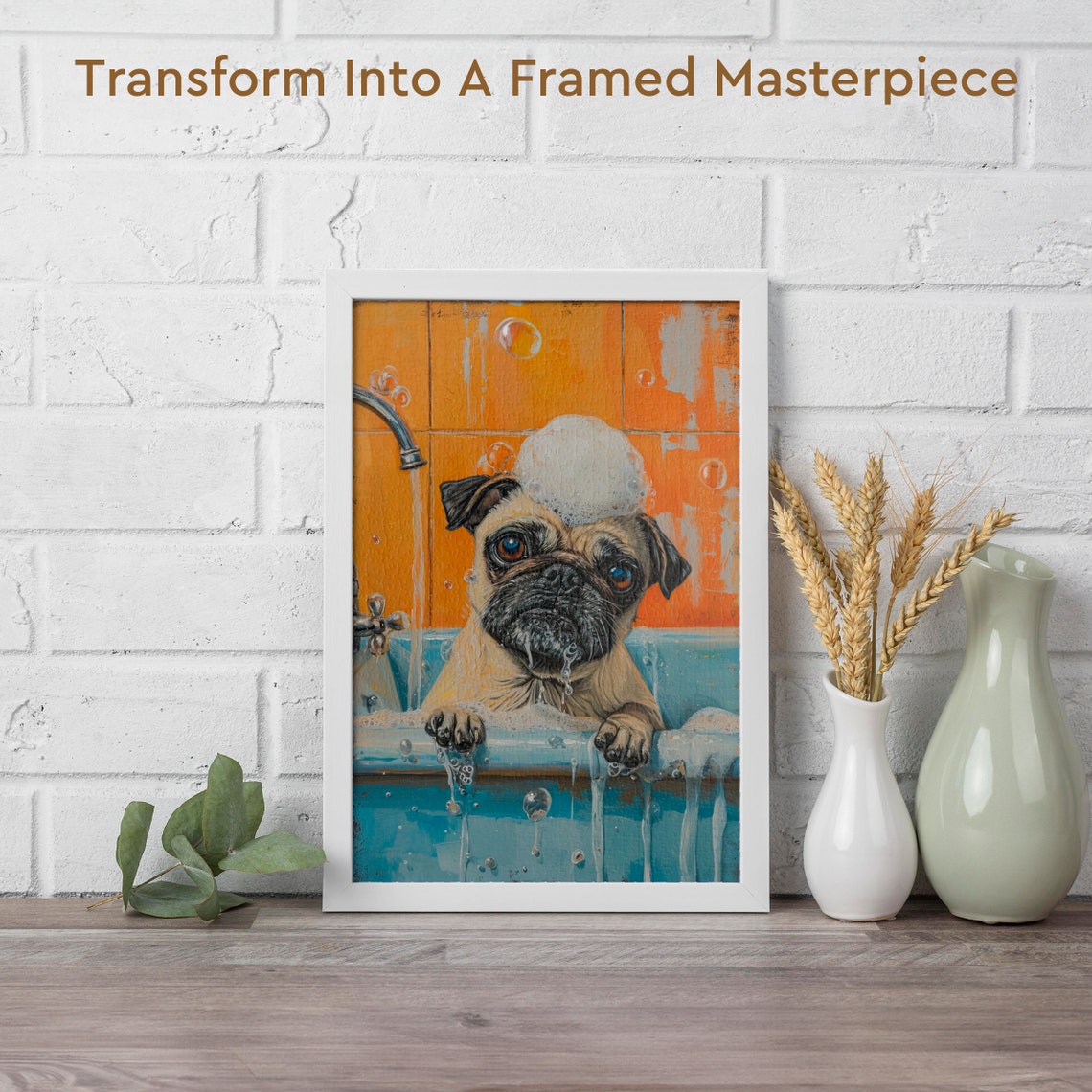 Funny Pug Dog Enjoying a Bubble Bath with Soap Suds Painting Poster - Image 2