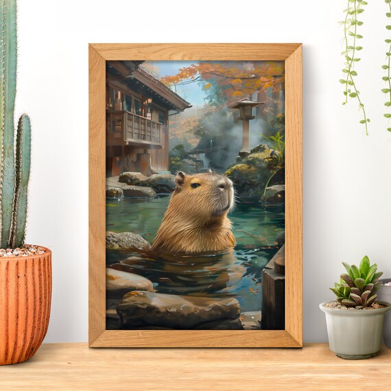 Capybara Relaxing in a Japanese Hot Spring Onsen Bath Poster