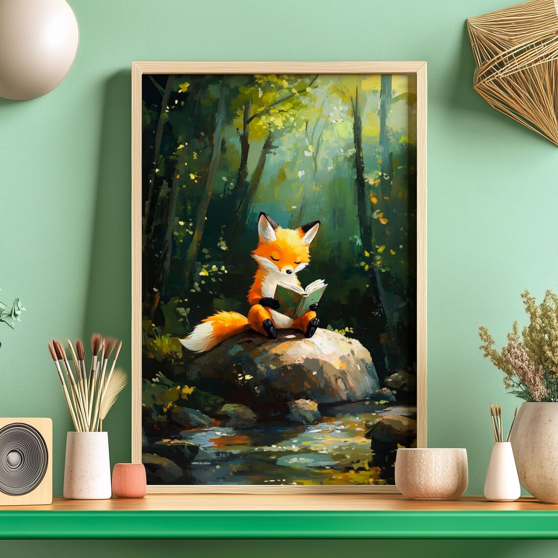 Bookworm Fox Reading a Book Poster, Red Fox Forestcore