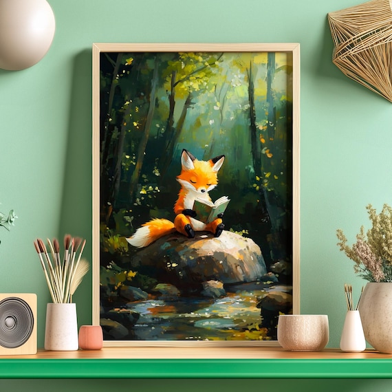 Bookworm Fox Reading a Book Poster, Red Fox Forestcore