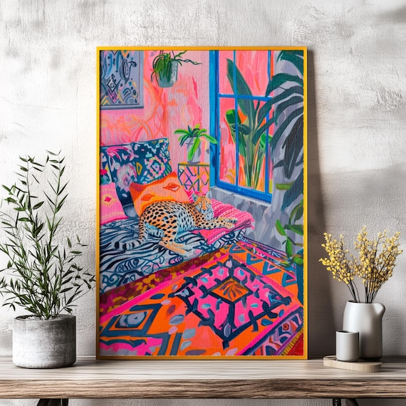 Cheetah Lounging On A Bed In A Colorful Bohemian Room Poster