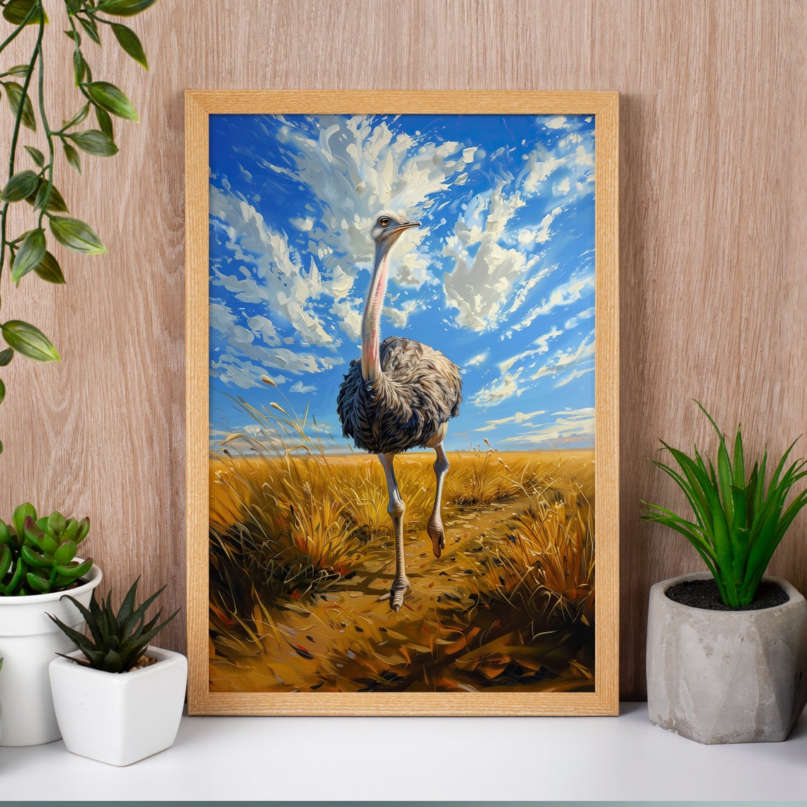 Ostrich Walking Through Golden Savannah Under Bright Blue Sky Poster