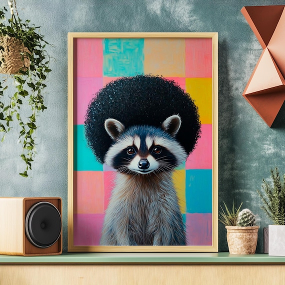 Adorable Raccoon Sporting a Big Round Afro on a Retro Pastel Checkered Poster