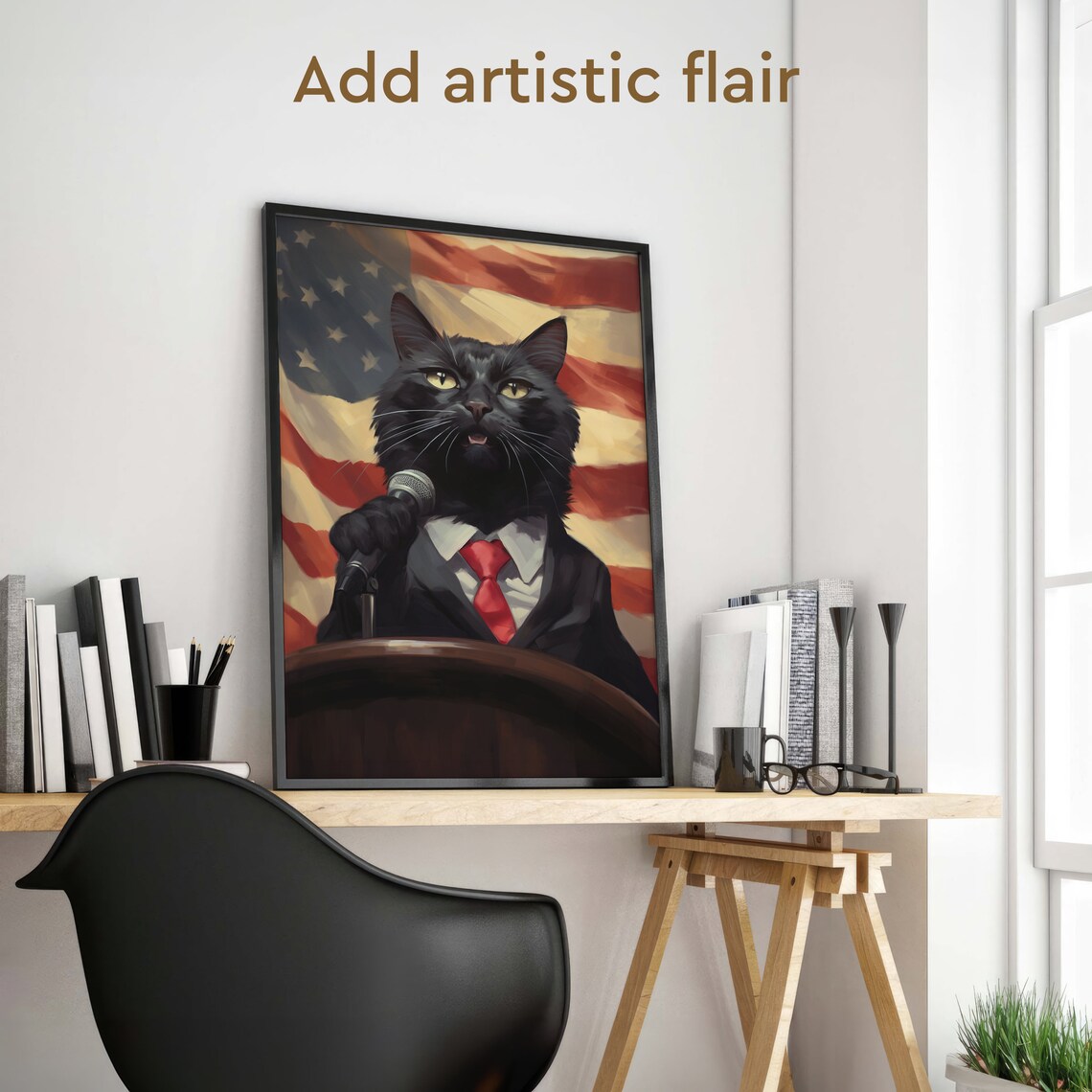 Funny Black Cat President Suit American Flag Funny Cat Portrait Poster - Image 2