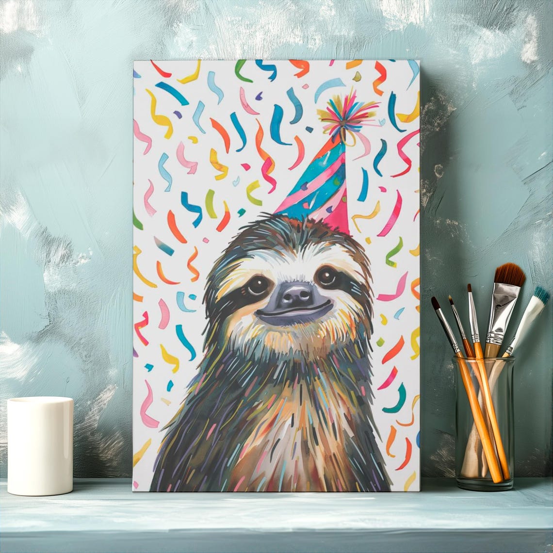 Smiling Sloth Wearing a Colorful Party Hat Confetti Birthday Poster