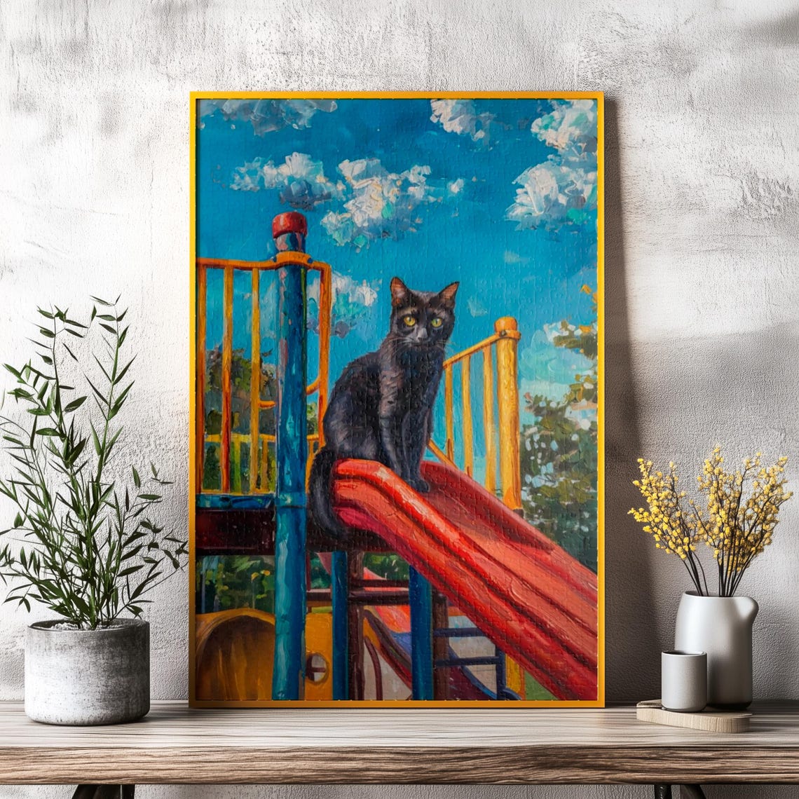 Mischievous Black Cat Sitting Atop A Red Playground Slide Poster