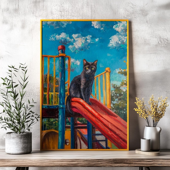 Mischievous Black Cat Sitting Atop A Red Playground Slide Poster