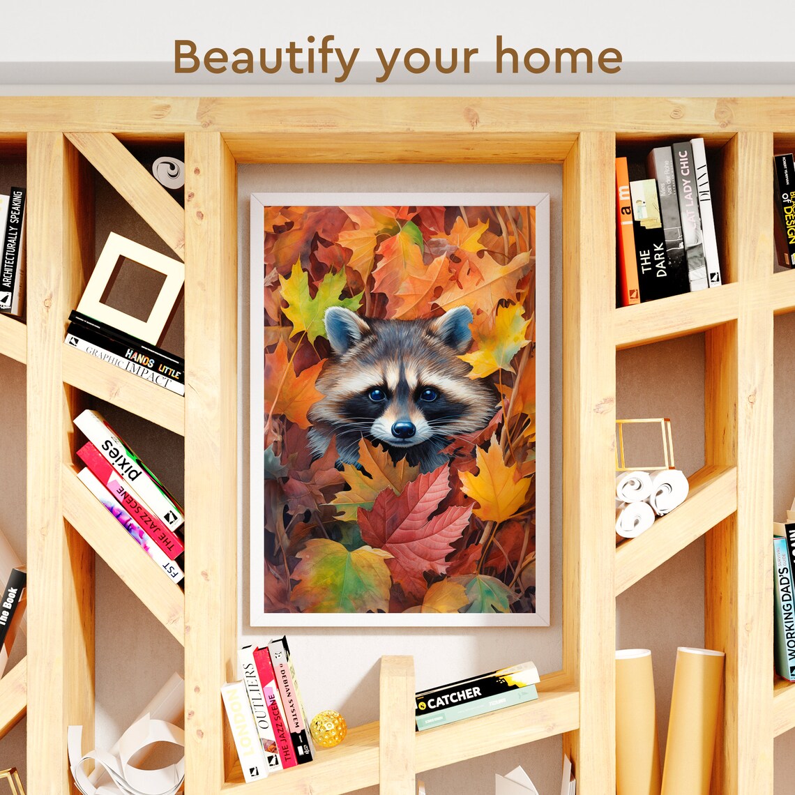 Cute Raccoon Peeking Through Autumn Leaves Fall Watercolor Poster - Image 3