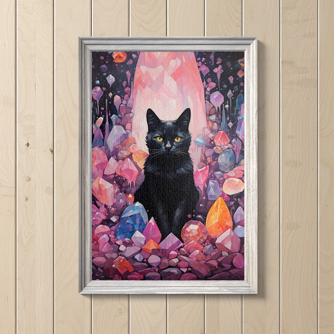 Black Cat Sitting Among Glowing Amethyst Crystal Cave Poster
