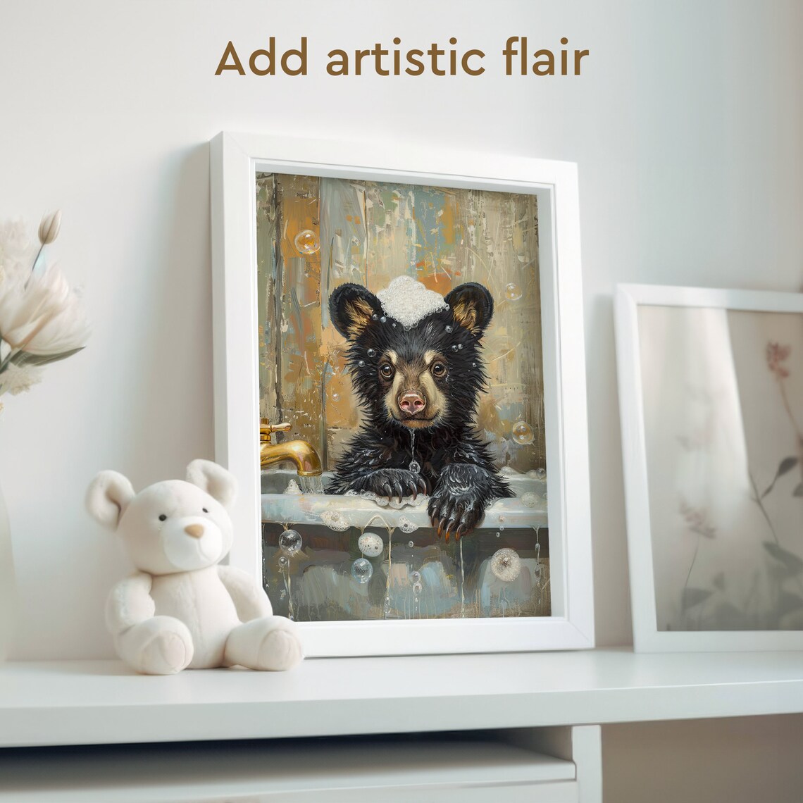 Bathtub Bubble Bath Bear Art Print, Vintage Bath Decor - Image 2