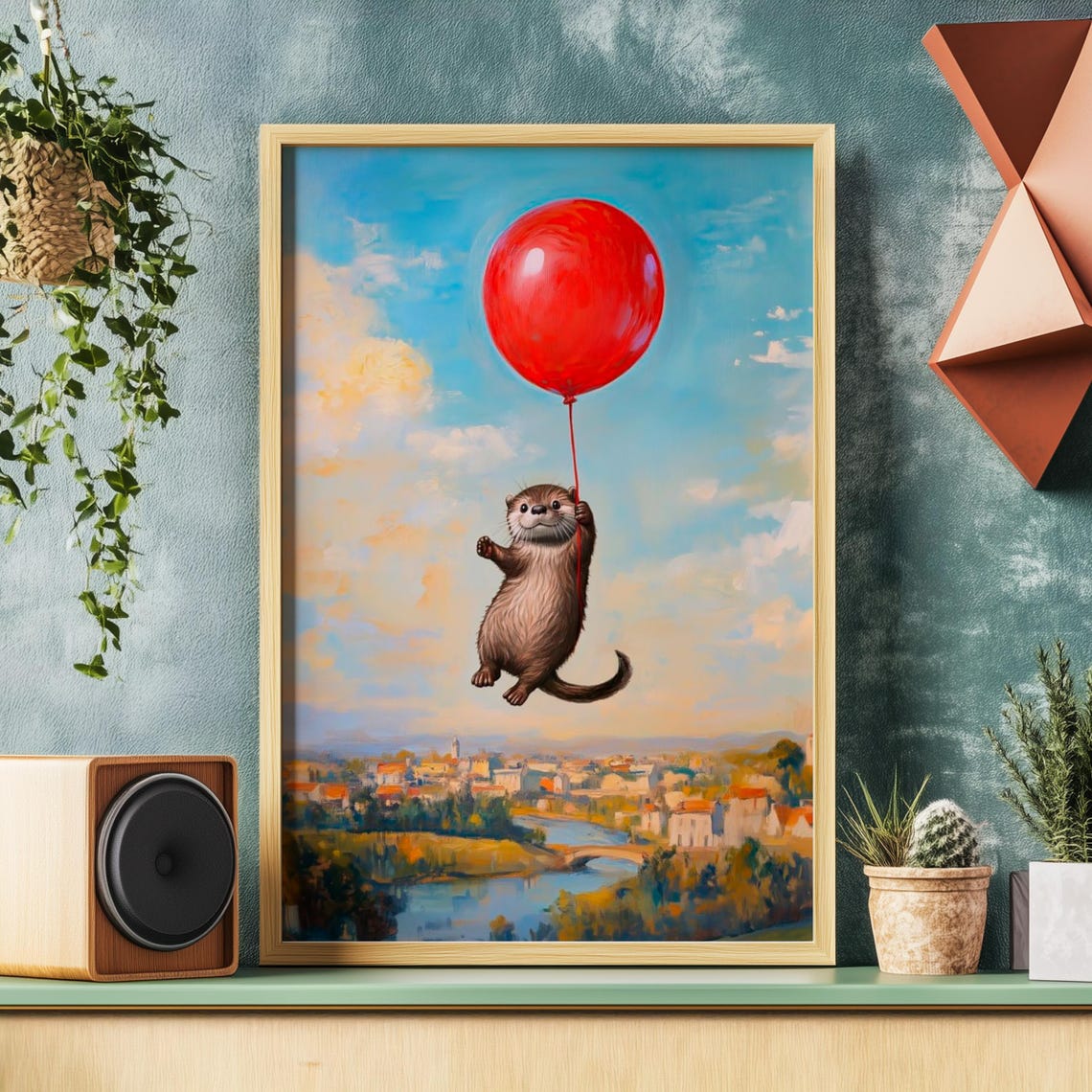 Playful Otter Floating in the Sky Holding a Red Balloon Poster
