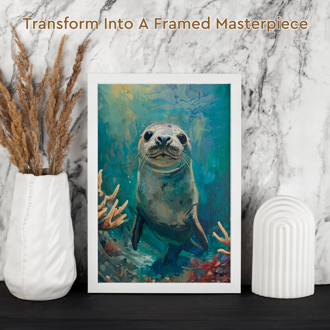 Smiling Baby Seal Pup Swimming in Teal Underwater Art Poster - Image 2