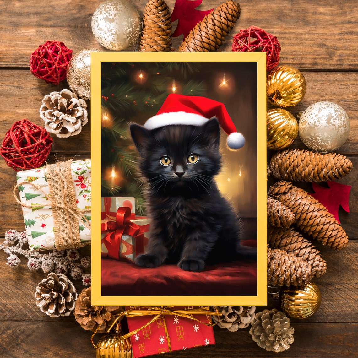 Black Kitten Wearing Santa Hat Christmas Tree Lights Holiday Poster
