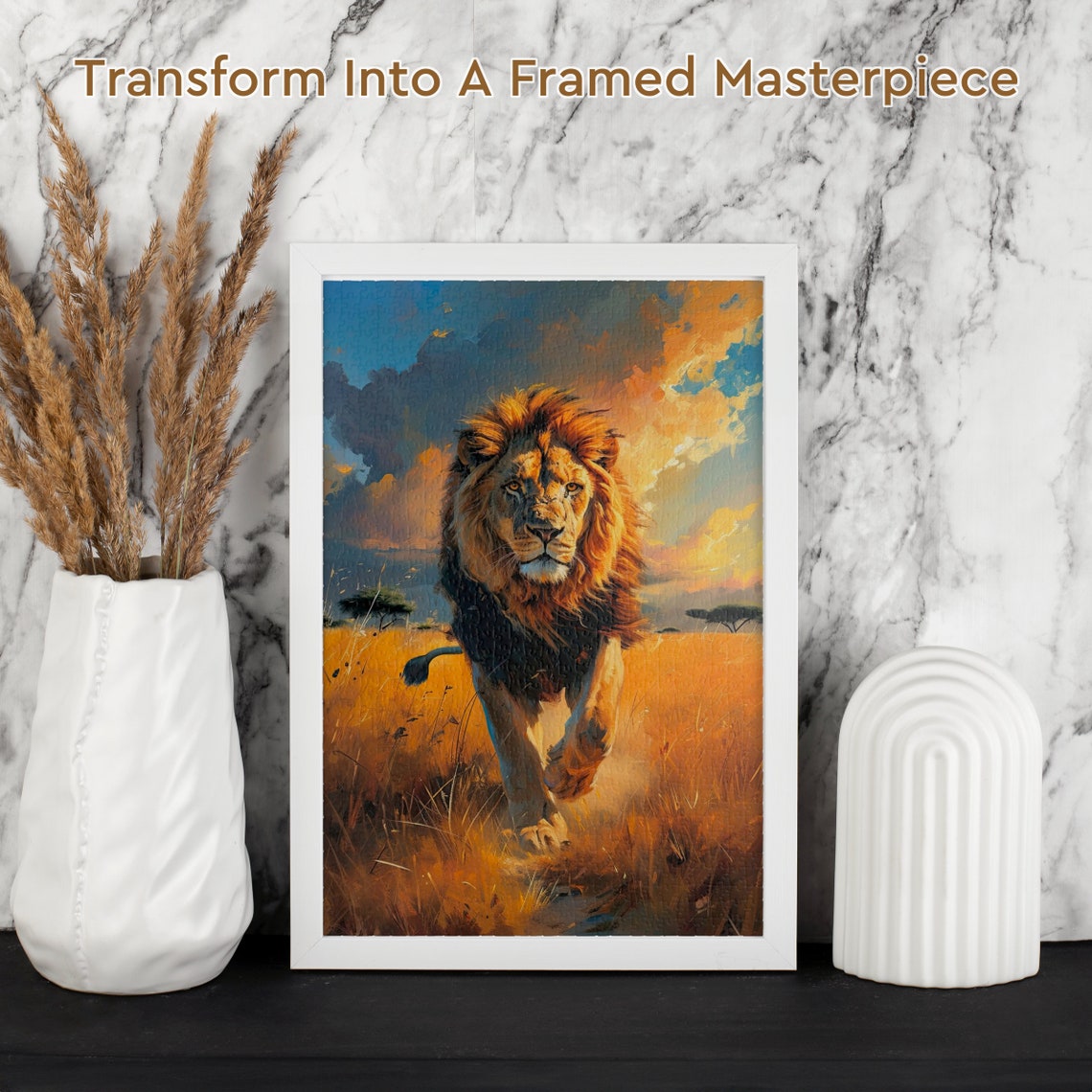 Regal Lion Striding Across Golden Savannah Under Dramatic Sky Poster - Image 2