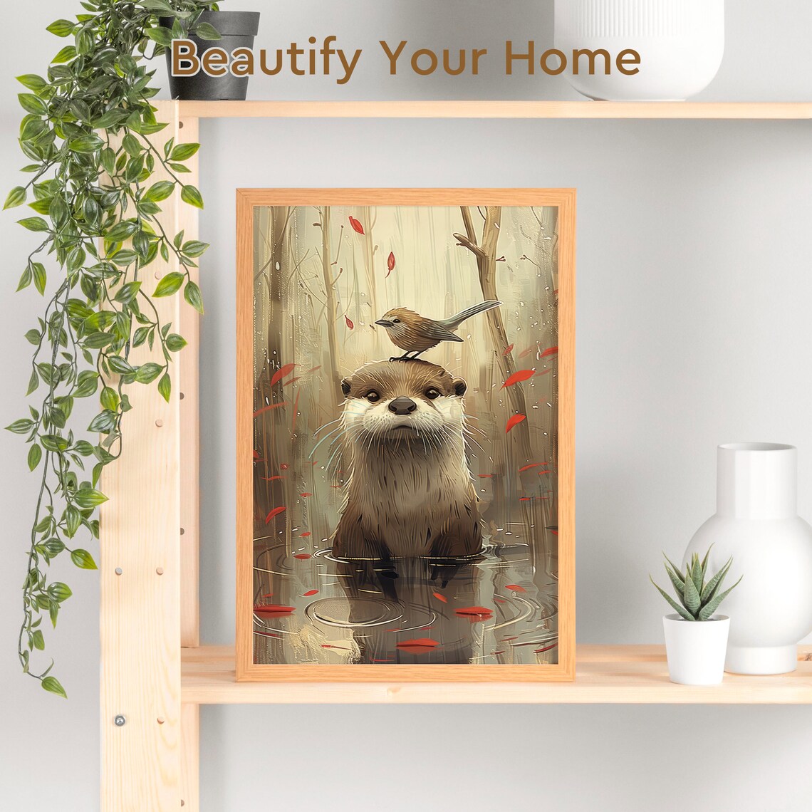 Joyful Otter and Bird Funny Wildlife Art Print - Image 3