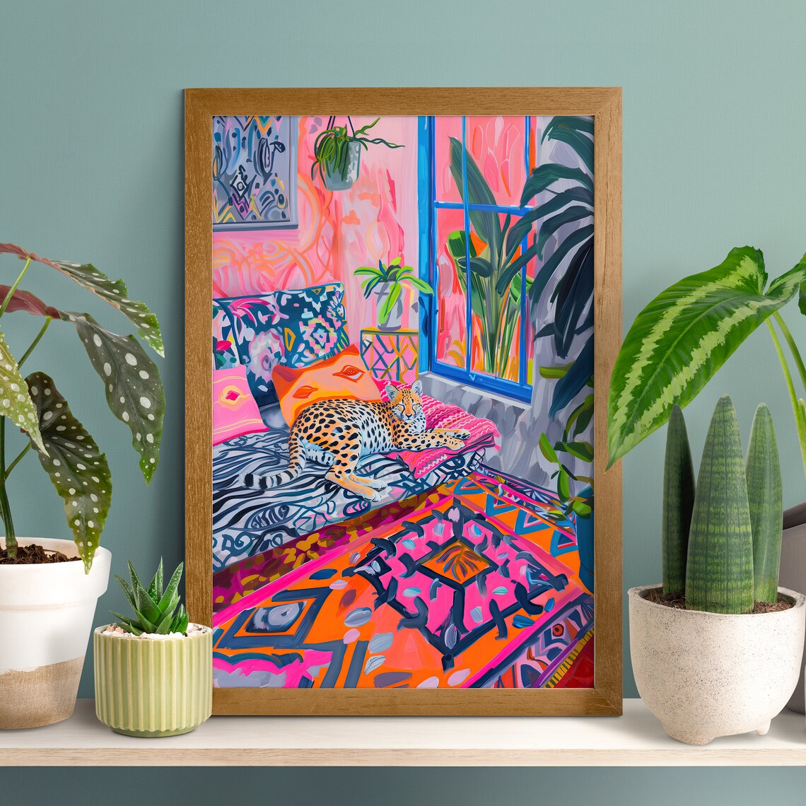 Cheetah Lounging on Colorful Bohemian Bed Fauvist Style Interior Poster