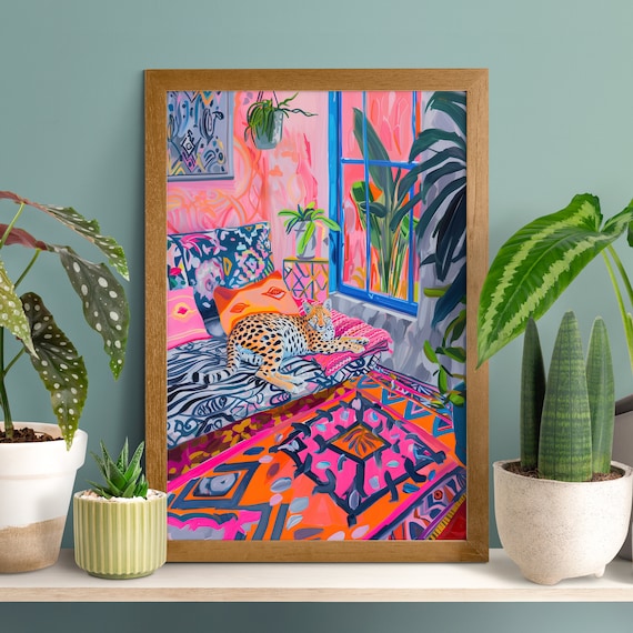 Cheetah Lounging on Colorful Bohemian Bed Fauvist Style Interior Poster