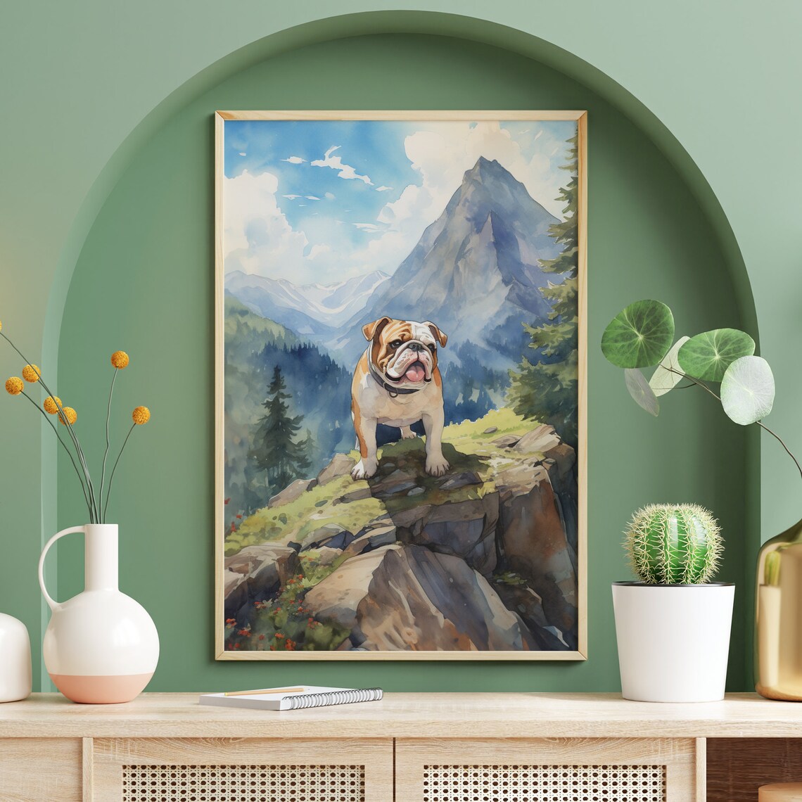 Bulldog Hiking Rocky Mountain Trail Watercolor Adventure Dog Poster