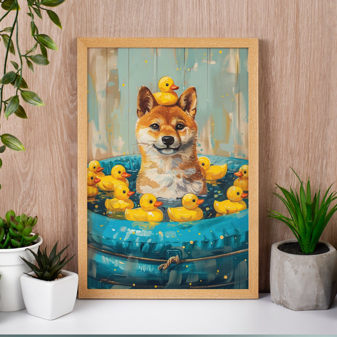 Shiba Inu in Blue Pool Surrounded by Yellow Rubber Ducks Poster
