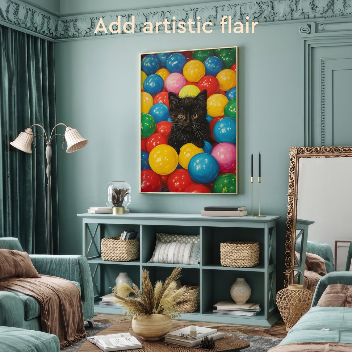 Black Kitten Peeking Out of a Colorful Ball Pit Oil Painting Poster - Image 2