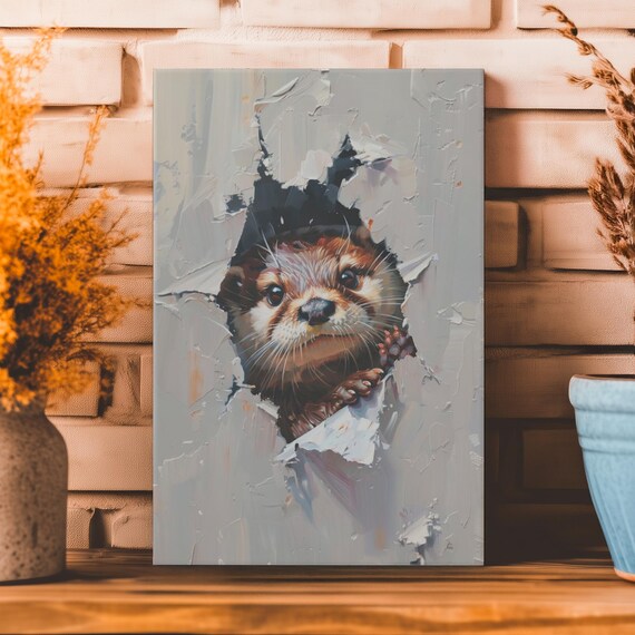 Sweet Otter Bursting Through Ripped White Paper With Tiny Paws Peekaboo Poster