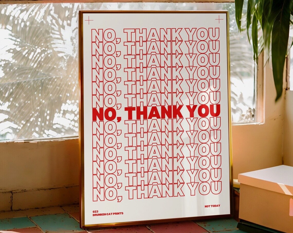No Thank You Funny Red Typography Quote Minimalist Wall Poster