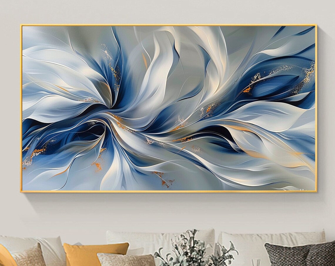 Blue White Silk Flow Gold Accents Abstract Flowing Painting Poster