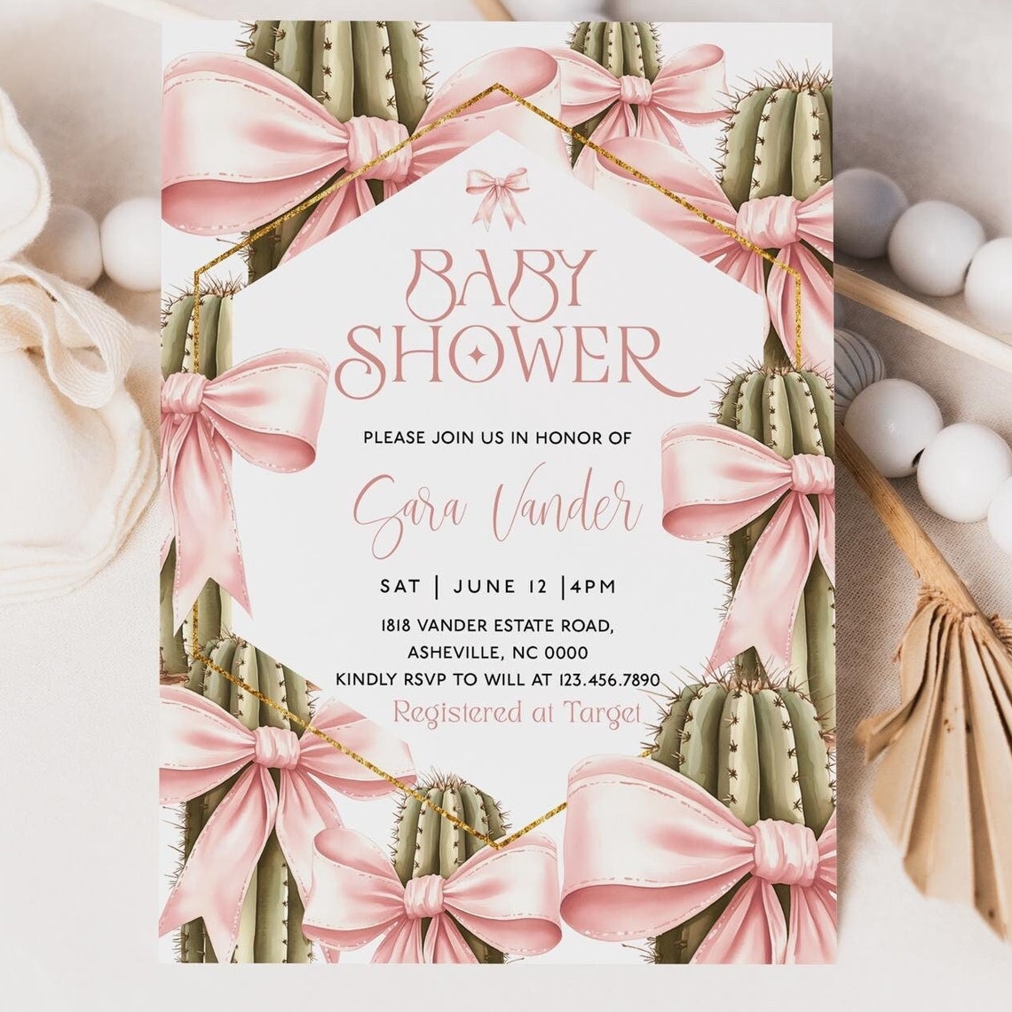 Cactus Pink Bow Baby Shower Invitation Editable Template Print
