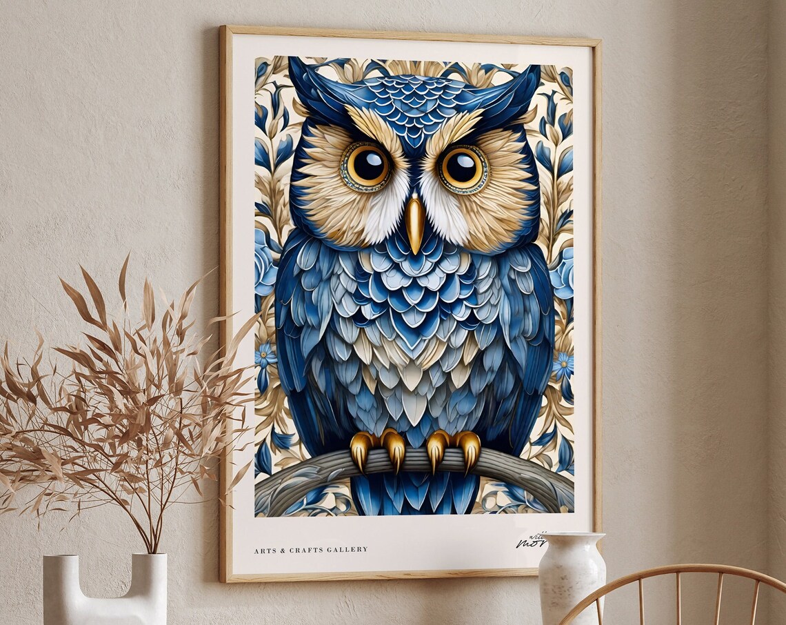 Blue Victorian Owl Arts and Crafts Gallery Bird Portrait Poster - Image 6
