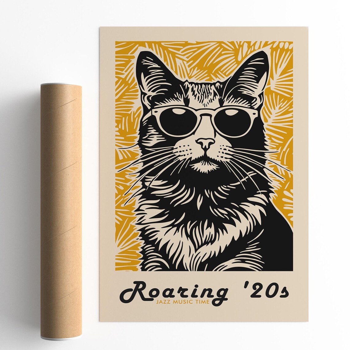 Roaring Twenties Jazz Music Time Cat Sunglasses Retro Art Poster