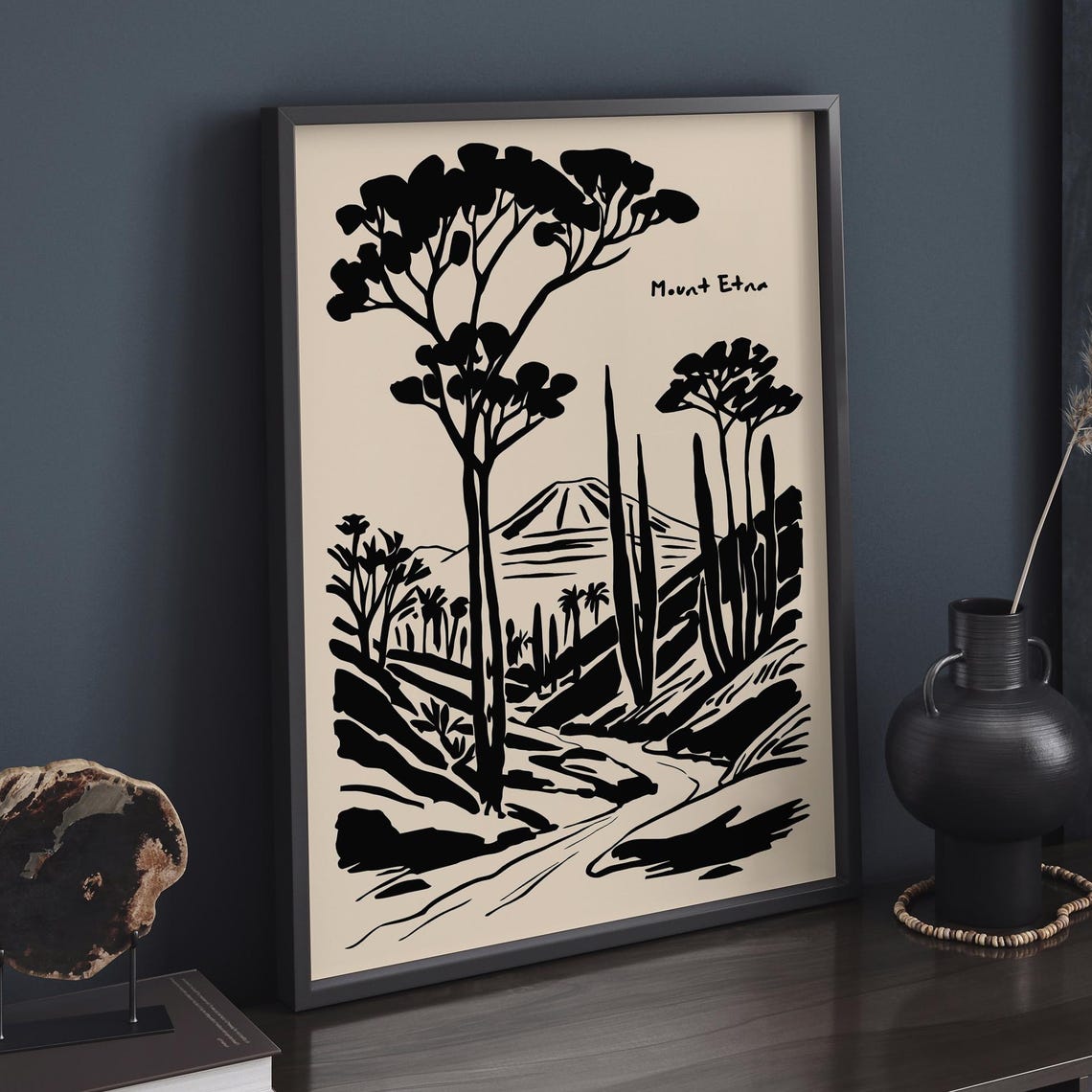 Mount Etna Minimalist Ink Landscape Poster in Black and Cream - Image 4