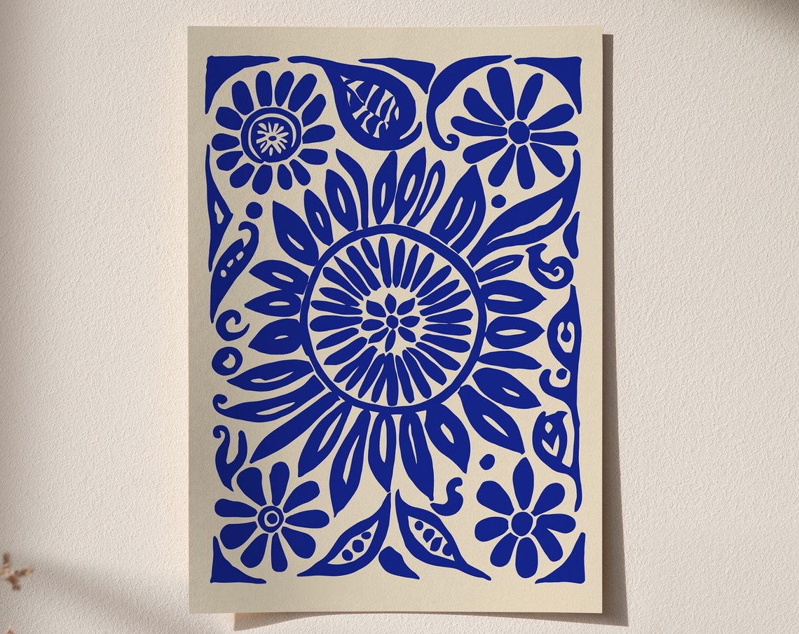Indigo Blue Floral Symmetrical Botanical Mandala Ornament Poster