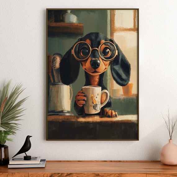 Cute Dachshund Coffee Print Funny Sausage Dog Wall Art Cozy Kitchen Decor Lover Gift