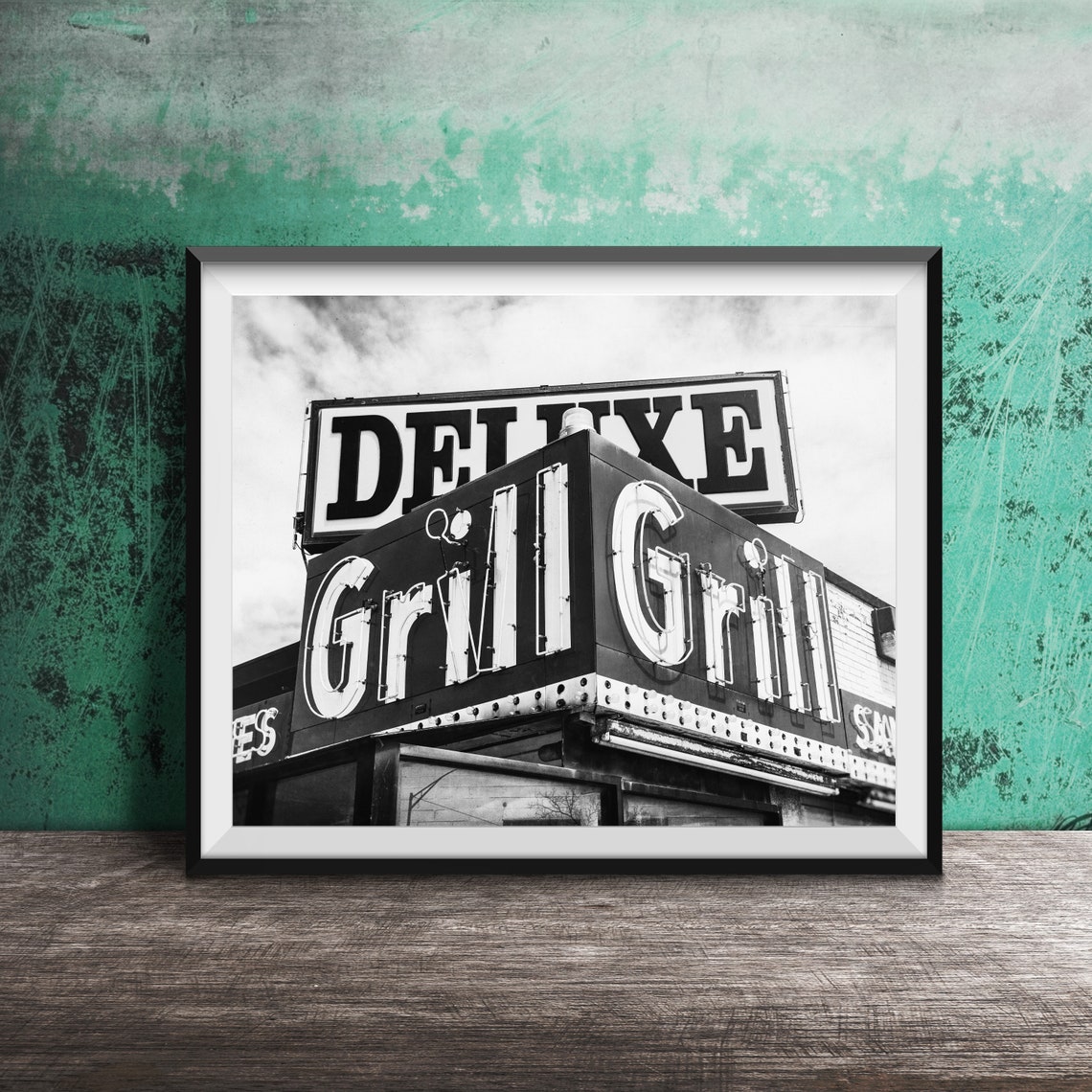 Deluxe Grill Vintage Neon Restaurant Sign Yellow And Teal Poster - Image 2