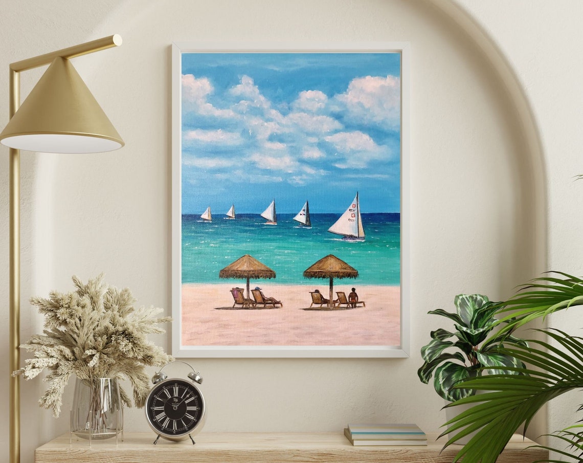 Sailboat Regatta Race Turquoise Beach Thatch Umbrella Coastal Poster - Image 3